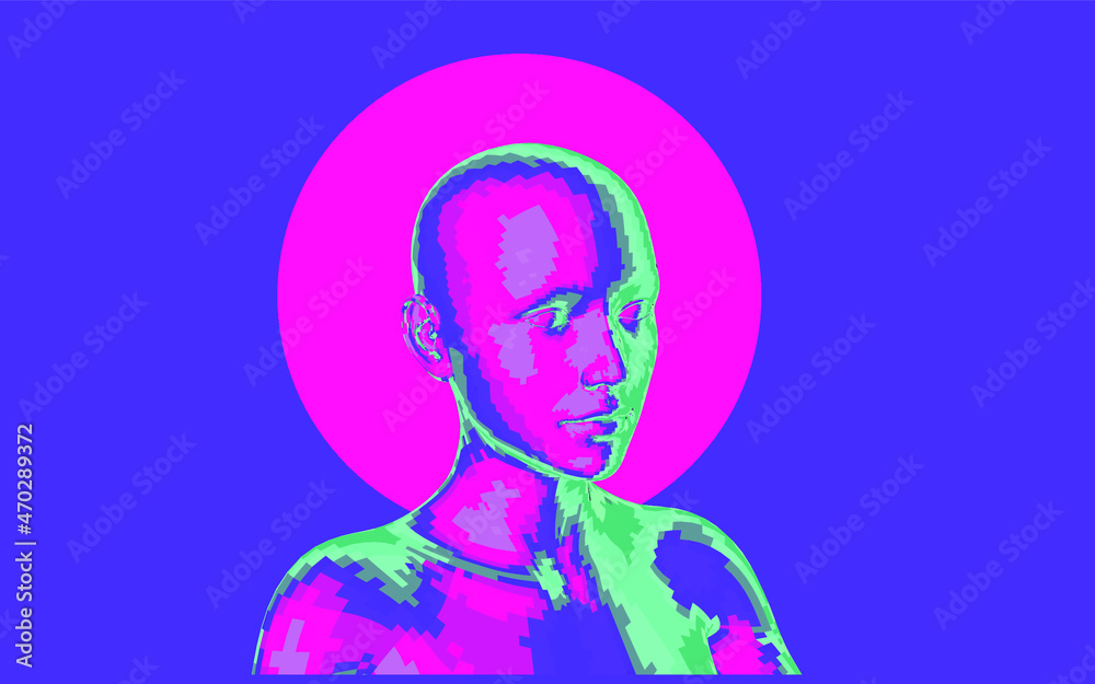 Poster sci-fi synthwave 80's style illustration of a 3d low poly model of a human head. concept for machine