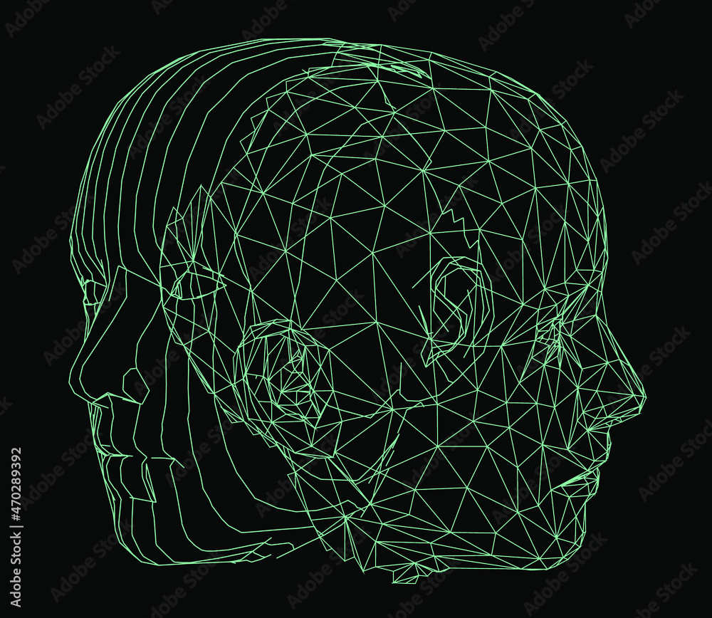 Poster Low polygonal 3D wireframe mesh of a human head. Concept illustration for Machine Learning, Artificial intelligence and Neural Network themes.