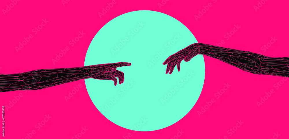 Poster vector 3d model of hands going to touch together, reminiscent of michelangelo's artwork. cyberpunk a