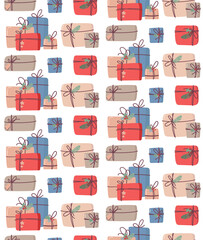 Christmas seamless background with gifts. Vector wallpaper in flat style