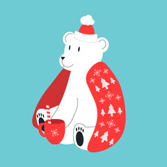 Vector illustration. Cute christmas polar bear with blanket. llustration for posters, cards, stickers and notebook covers design.