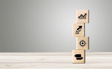 Strategic management concept. Wood cube icon and text. The modern management