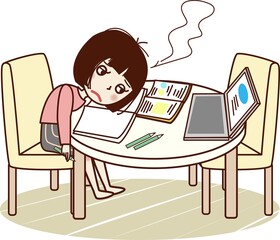 勉強をしながら、机にうつ伏せになりため息をつく若い女性。