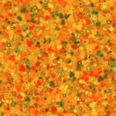 Orange, red and green flowers on the blurred background, summer pattern. Seamless texture