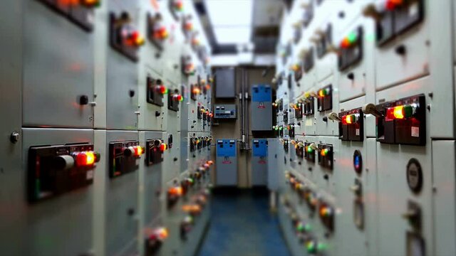 Timelapse of Electrical switchgear room,Industrial electrical switch panel on plant and process control with vintage cold tone for industrial concept.