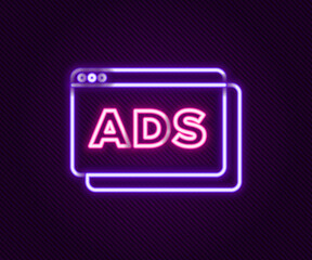Glowing neon line Advertising icon isolated on black background. Concept of marketing and promotion process. Responsive ads. Social media advertising. Colorful outline concept. Vector