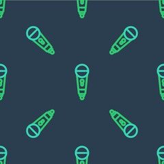 Line Microphone icon isolated seamless pattern on blue background. On air radio mic microphone. Speaker sign. Vector