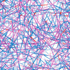 Blue, purple and red chaotic lines on white background. Seamless pattern