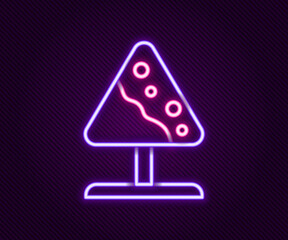 Glowing neon line Road sign avalanches icon isolated on black background. Snowslide or snowslip rapid flow of snow down a sloping surface. Colorful outline concept. Vector