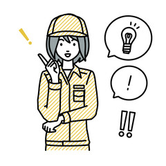 立って素晴らしいアイデアをひらめいた作業員の女性 フキダシに電球と感嘆符のセット