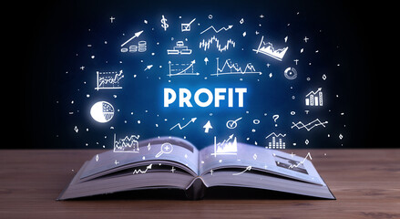 Business inscription coming out from an open book
