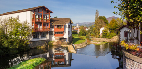 Panorama of the Nive river in the center of Saint-Jean-Pied-de-Port, France