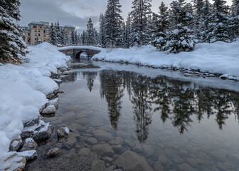 Sunrise with pedestrian bridge at Lake Louise in Banff National Park, Alberta, Canada
