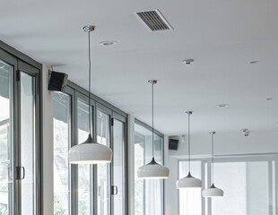 modern white ceiling pendant lamps black window frame bright home restaurant apartment interior