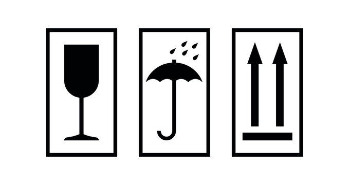 Set of signs: Arrows up (top of the product). Glass (be careful, fragile goods). Umbrella with drops (keep away from moisture). Isolated vector icon for packaging. Box labeling.