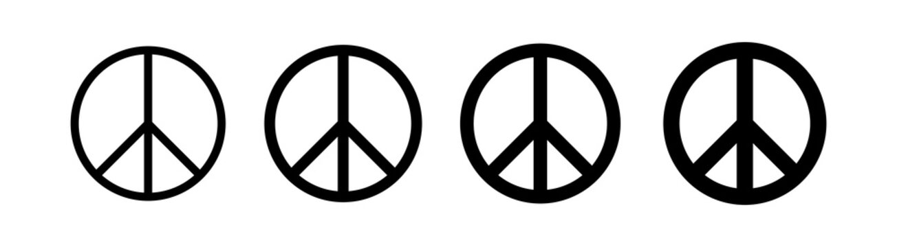 A set of peace signs of different thicknesses. Peace symbols, peace pictograms isolated on white background. International symbol of the antiwar movement of the disarmament of the world, raster.