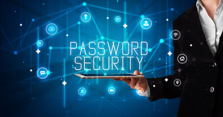 Person holding tablet, security concept