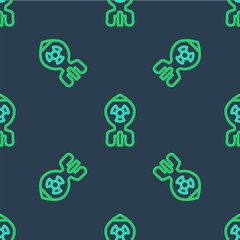 Line Nuclear bomb icon isolated seamless pattern on blue background. Rocket bomb flies down. Vector