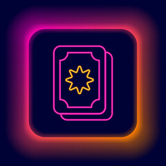 Glowing neon line Tarot cards icon isolated on black background. Magic occult set of tarot cards. Colorful outline concept. Vector