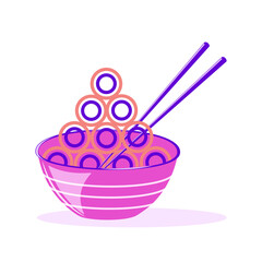 Asian noodles in a bowl. Fast food made from dough. Udon for lunch. Flat design in trending colors for the menu of cafes, restaurants. Vector.