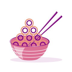 Asian noodles in a bowl. Fast food made from dough. Udon for lunch. Flat design in trending colors for the menu of cafes, restaurants. 