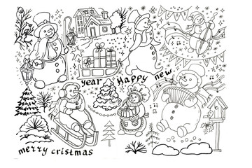 
snowman new year christmas graphic hand-drawn illustration. cute baby coloring print

