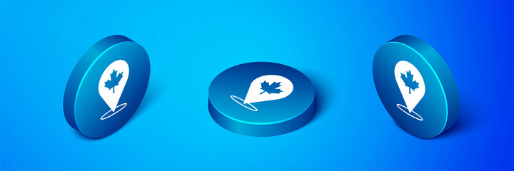 Isometric Canadian maple leaf icon isolated on blue background. Canada symbol maple leaf. Blue circle button. Vector