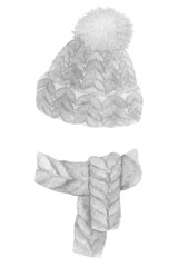 Watercolor white knittet set with hat, scarf and mittens.