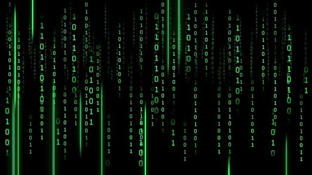 Binary code on a dark background. Abstract animated background from particles of a computer program. Hacker attacks and cyber security concept.
