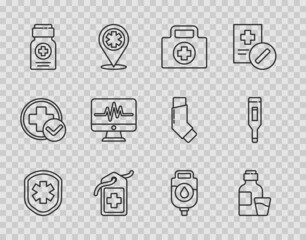 Set line Medical shield with cross, Bottle of medicine syrup, First aid kit, Cross hospital medical tag, Medicine bottle, Monitor cardiogram, IV bag and digital thermometer icon. Vector