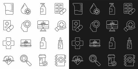Set line Medical clipboard, Bottle nasal spray, Cross hospital medical, Hand sanitizer bottle, Male head with, prescription, Measuring cup and Monitor cardiogram icon. Vector