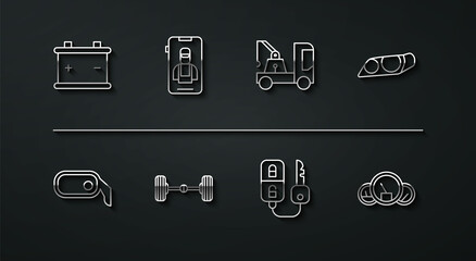 Set line Car battery, rearview mirror, headlight, key with remote, Chassis car, Online services, Speedometer and Tow truck icon. Vector