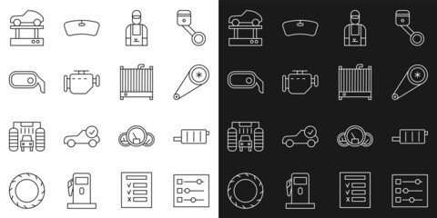Set line Car settings, muffler, Timing belt kit, mechanic, Check engine, rearview mirror, Repair car on lift and radiator cooling system icon. Vector