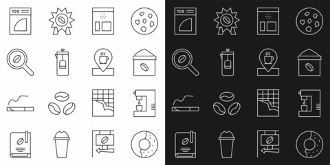 Set line Donut with sweet glaze, Coffee machine, Bag coffee beans, French press, Selection, paper filter and Location cup icon. Vector