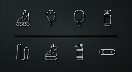 Set line Roller skate, Jump rope, Punching bag, Aqualung, Skates, Golf ball on tee, Skateboard trick and Racket for playing table tennis icon. Vector
