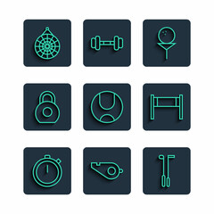 Set line Stopwatch, Whistle, Golf club, ball on tee, Tennis, Kettlebell, Classic dart board and Volleyball net icon. Vector