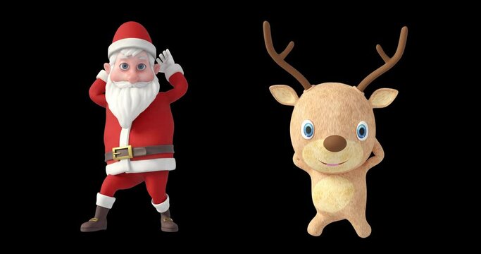 Santa Clause And His Reindeers Dancing. Luma Channel Included. Christmas, Noel And New Year Related 3D Animation.