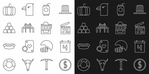 Set line Coin money with dollar, Calendar date July 4, Movie clapper, Soda can straw, Golden gate bridge, bars, Pumpkin and Slot machine icon. Vector