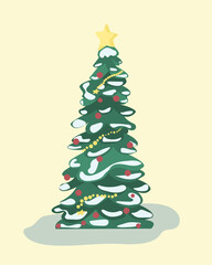 Christmas tree with decorations of toys, beads and garlands, covered with snow. Vector illustration for templates, postcards.