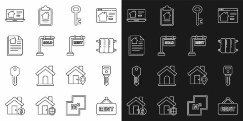 Set line Hanging sign with Rent, House key, Heating radiator, Sold, contract, Online real estate house and icon. Vector