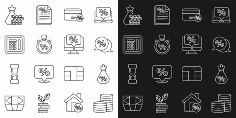 Set line Coin money, Money bag with percent, Discount tag, card, Stopwatch and, Safe, coin and Percent discount monitor icon. Vector