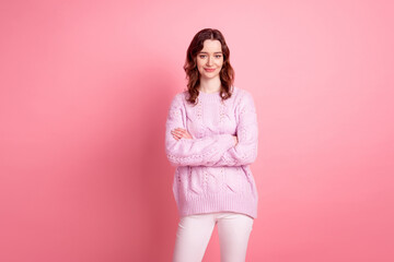 Obraz premium Photo of youth charming lady good mood confident crossed hands glad isolated over pink color background