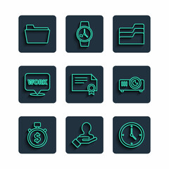 Set line Time is money, Hand for search a people, Clock, Document folder, Certificate template, Location with text work, and Movie, film, media projector icon. Vector