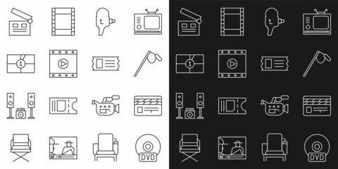 Set line CD or DVD disk, Movie clapper, Microphone, Retro cinema camera, Play Video, Old film movie countdown frame, and Cinema ticket icon. Vector