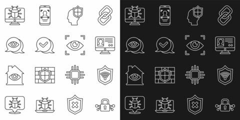 Set line Cyber security, Shield with WiFi wireless, Create account screen, Head shield, Check mark in speech bubble, Eye scan, System bug on monitor and icon. Vector