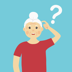Forgetful old woman holding hand to her head in flat design. Forgetfulness. Senior female has Alzheimer’s disease.