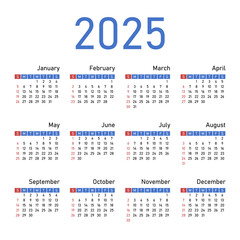 English calendar for 2025. Week starts on Sunday. Vector illustration.