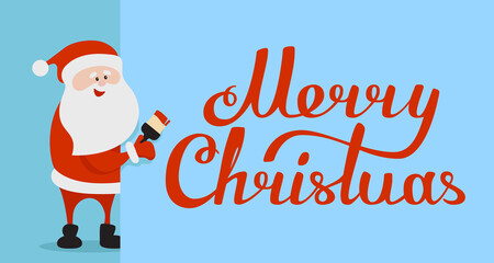 Cartoon fun happy Santa Claus draw with a brush and paint Merry Christmas lettering.