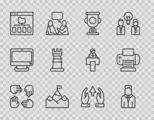 Set line Project team base, Worker, Award cup, Mountains with flag, Browser files, Business strategy, Growth chart and progress and Printer icon. Vector