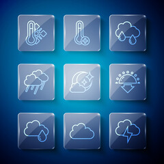 Set line Cloud with rain, Storm, moon, Meteorology thermometer and Sunset icon. Vector